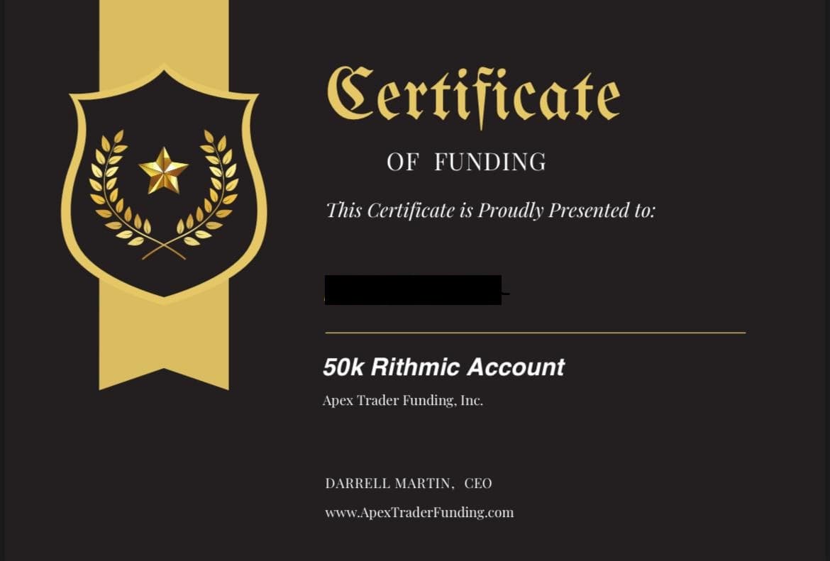 Apex Trader Funding 50k Rithmic Funded Account Zertifikat