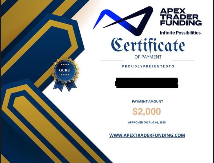 Apex Trader Funding Auszahlungs-Zertifikat $2.000 vom 8. August 2025