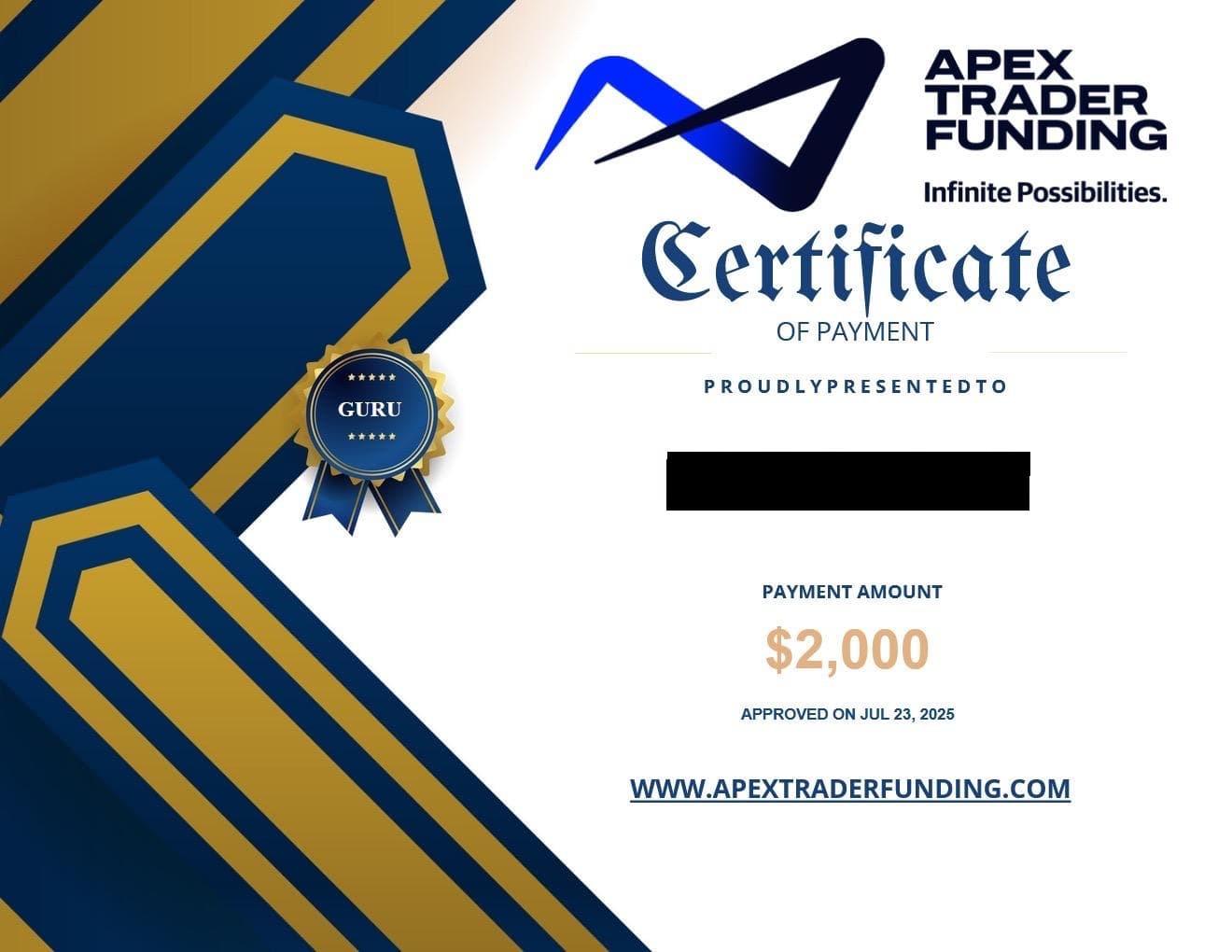 Apex Trader Funding Auszahlungs-Zertifikat $2.000 vom 23. Juli 2025